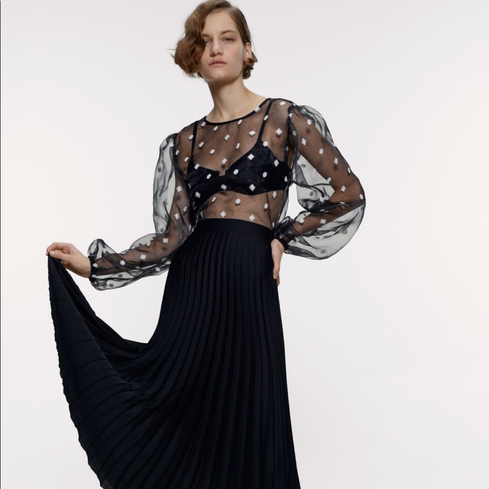 NWT ZARA Black Embroidered Organza Blouse Small
